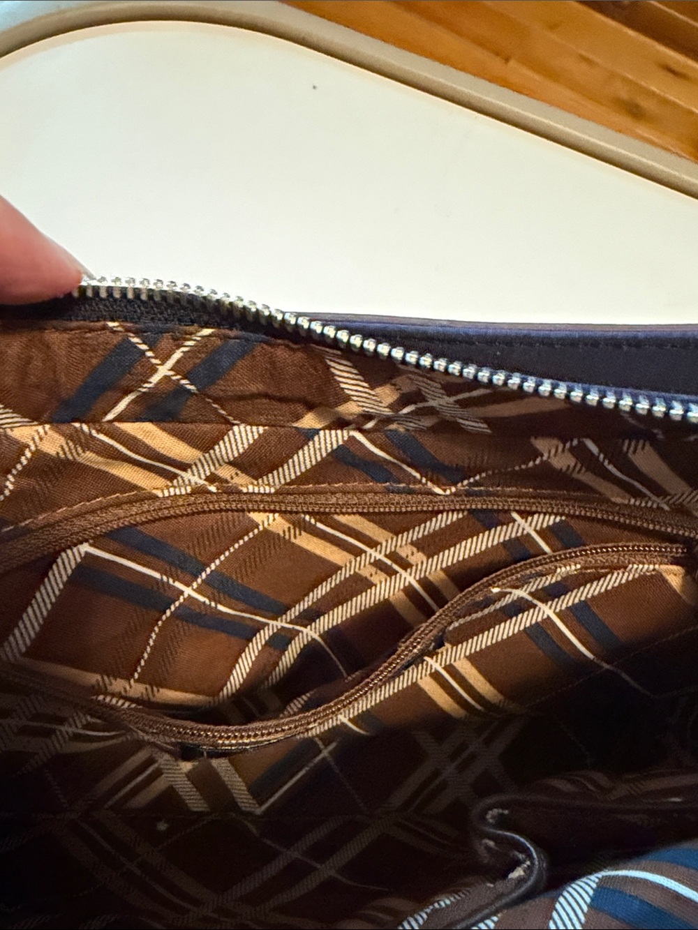 Vera Bradley Wildwood Park microfiber bag. Quilted navy blue with brown strap. - Picture 7 of 13